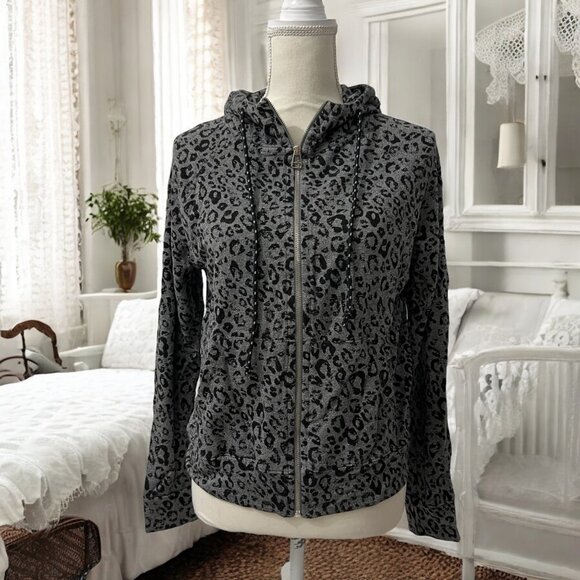 Sundry Black and Heathered Gray‎ Super Soft Cheetah Zip Front Hoodie Jacket - Picture 1 of 7